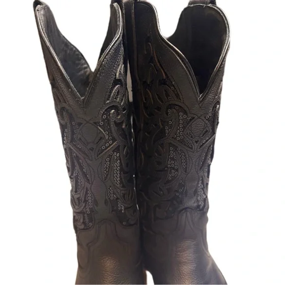 JB Dillion Black Leather & Sequin Cowboy Boots Size 7 1/2 (7.5) Never Worn. - Picture 2 of 9